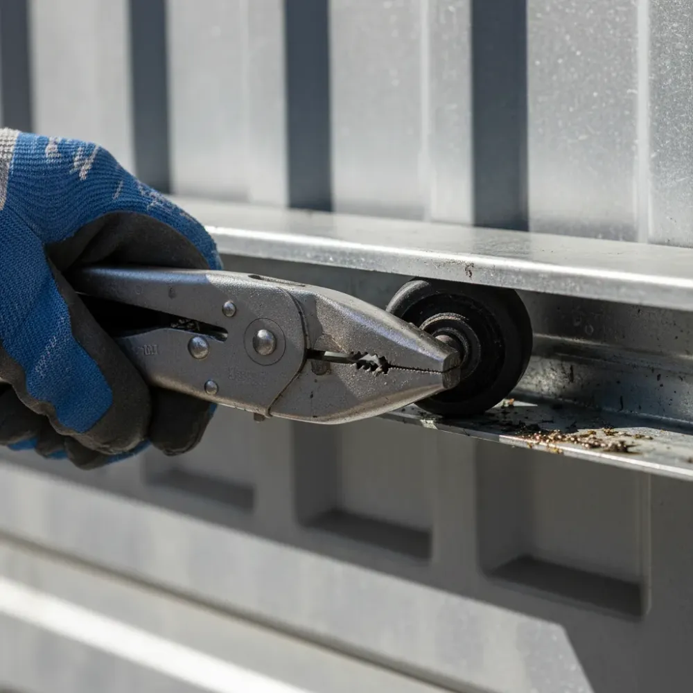 Gloved hands grip locking pliers around a dislodged steel roller stem inside a bent garage door track channel.
