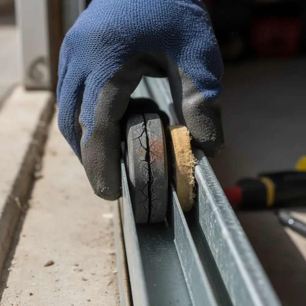 Close-up of gloved hands gripping a cracked rubber garage door roller inside a rusted galvanized steel track.