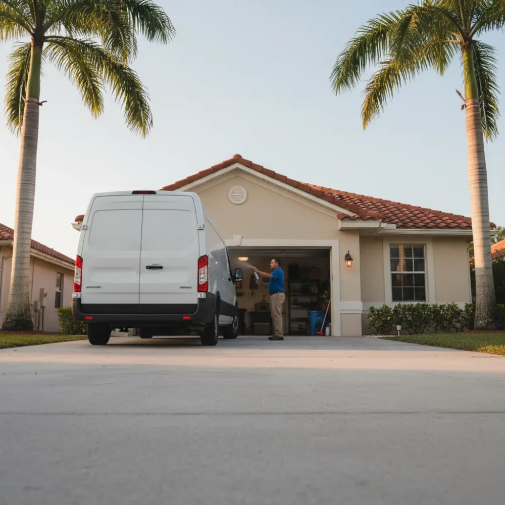 Technician applying lubricant to garage door tracks beside a stucco home with palm trees in Hallandale Beach at golden hour.