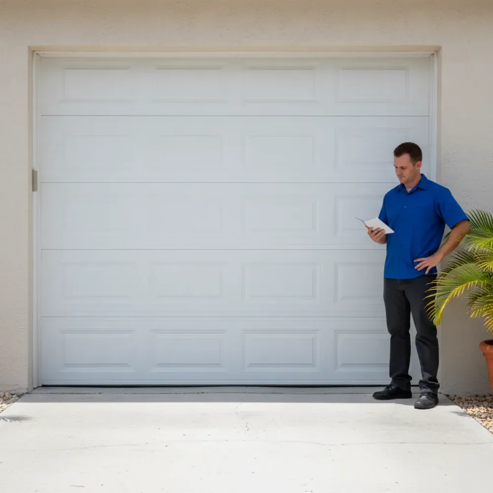 Technician reviews notes beside a fully closed white garage door with an even bottom seal on a Hallandale Beach residential