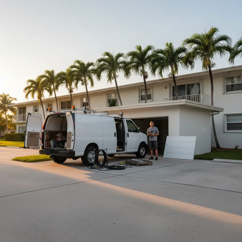 Technician with a cordless drill stands at a condo garage bay beside an open service van in Hallandale Beach afternoon