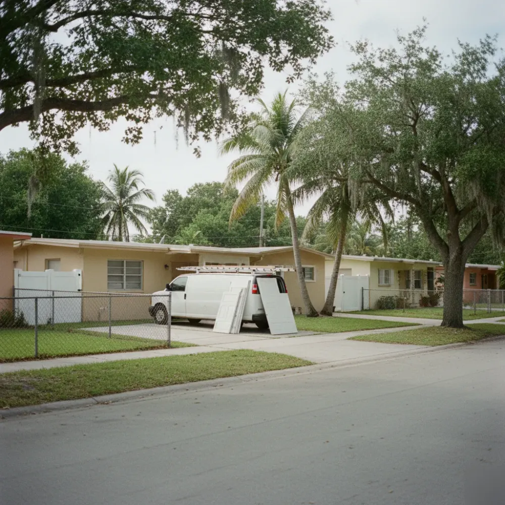 Service van parked on a residential street in Ives Estates near North Miami Beach with garage door panels visible on a