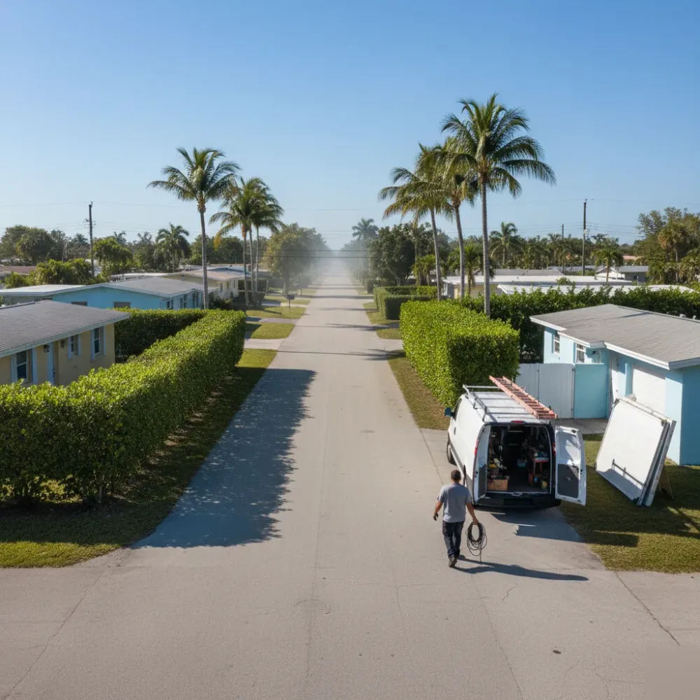 Service van with an open garage door panel parked in a driveway on a tree-lined Hallandale Beach residential street.