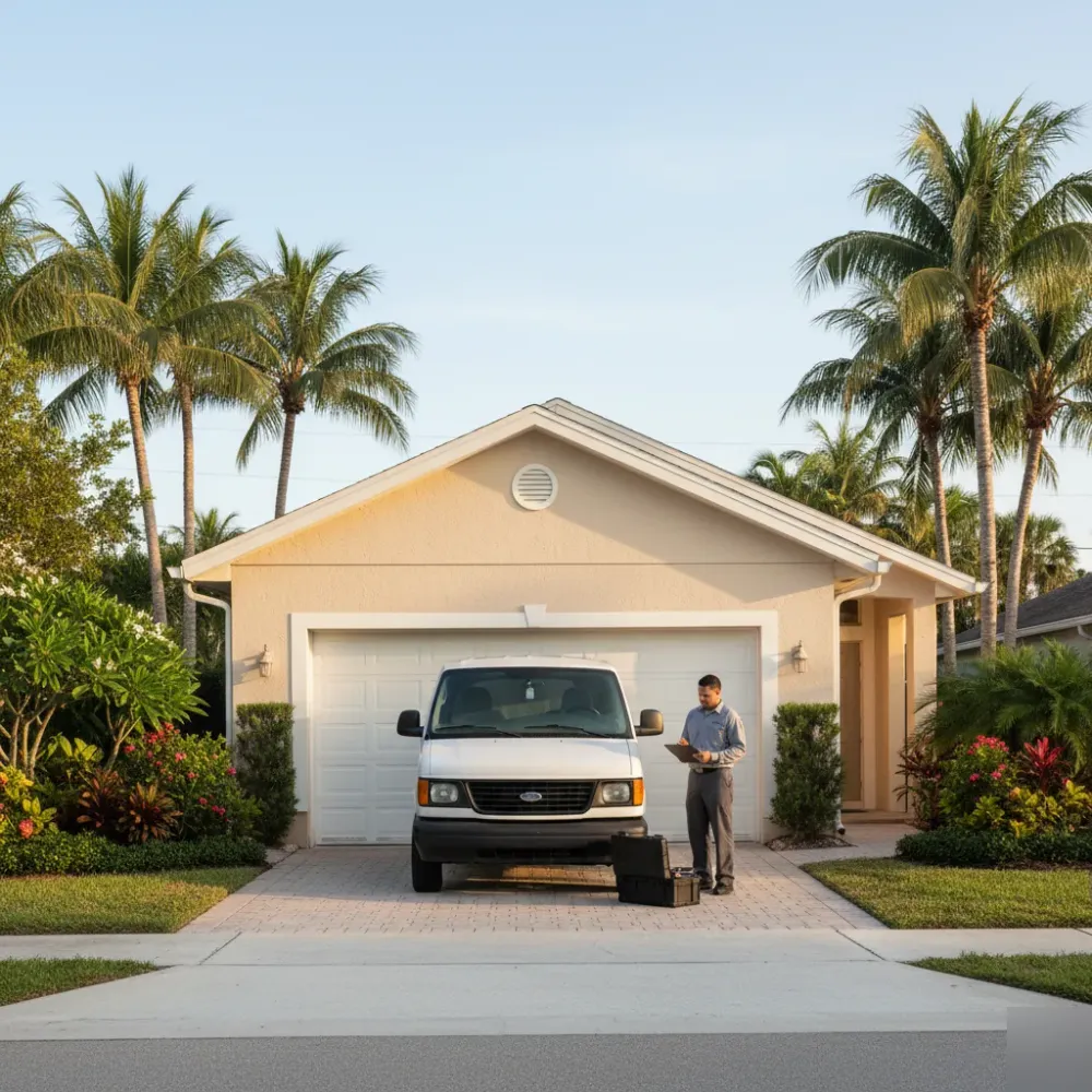 Technician reviews a clipboard beside a service van parked in front of a stucco home with a two-car garage door.