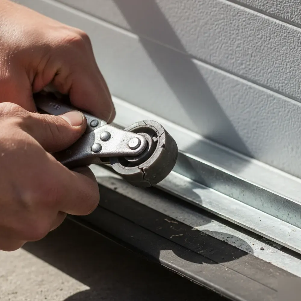 Hands grip a cracked nylon garage door roller with locking pliers beside a galvanized steel track.