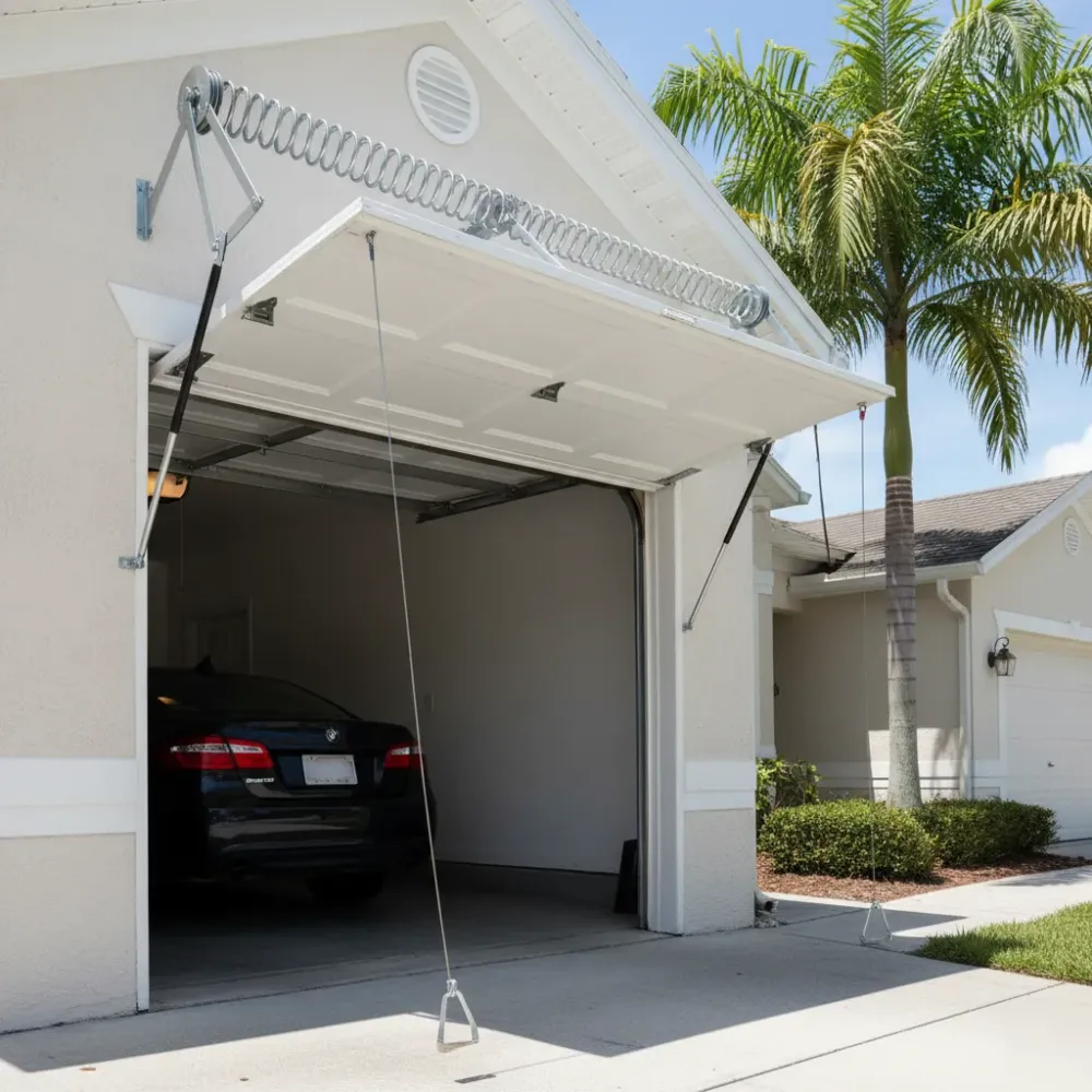 Residential garage door stands fully open after spring repair, with a new torsion spring visible above the door header in