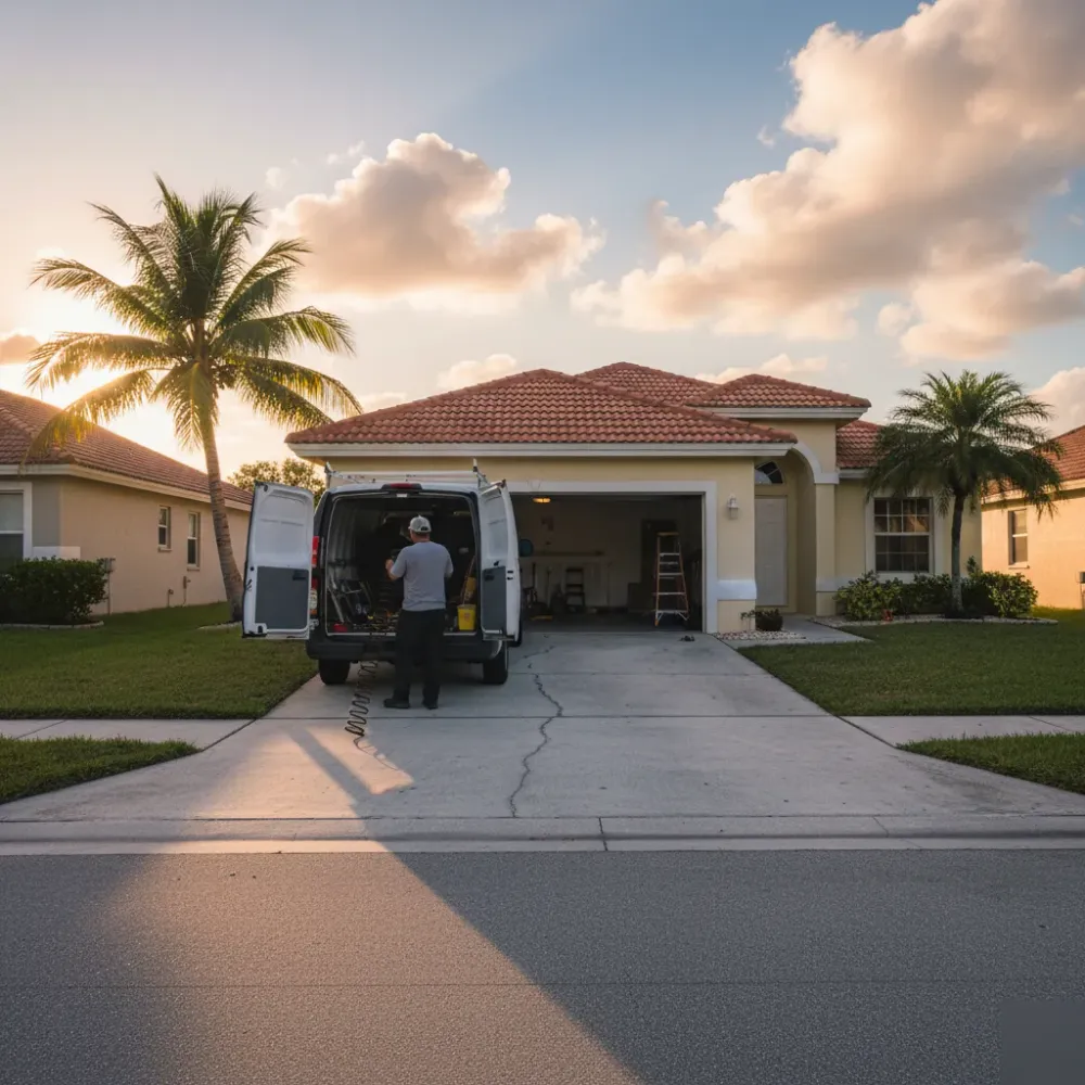 Technician unloads a replacement torsion spring from a service van parked outside a stucco home in Hallandale Beach at