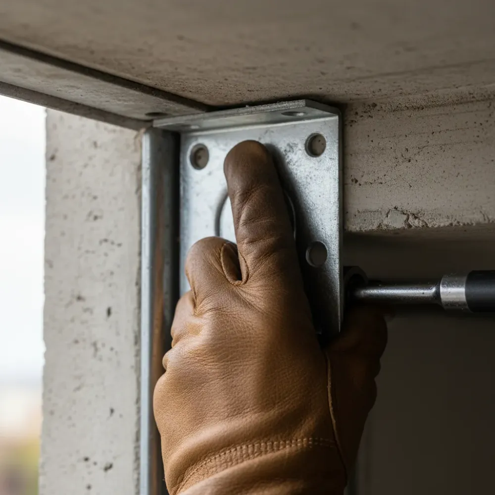 Gloved hand presses a galvanized steel torsion spring bracket against a garage door header during replacement.