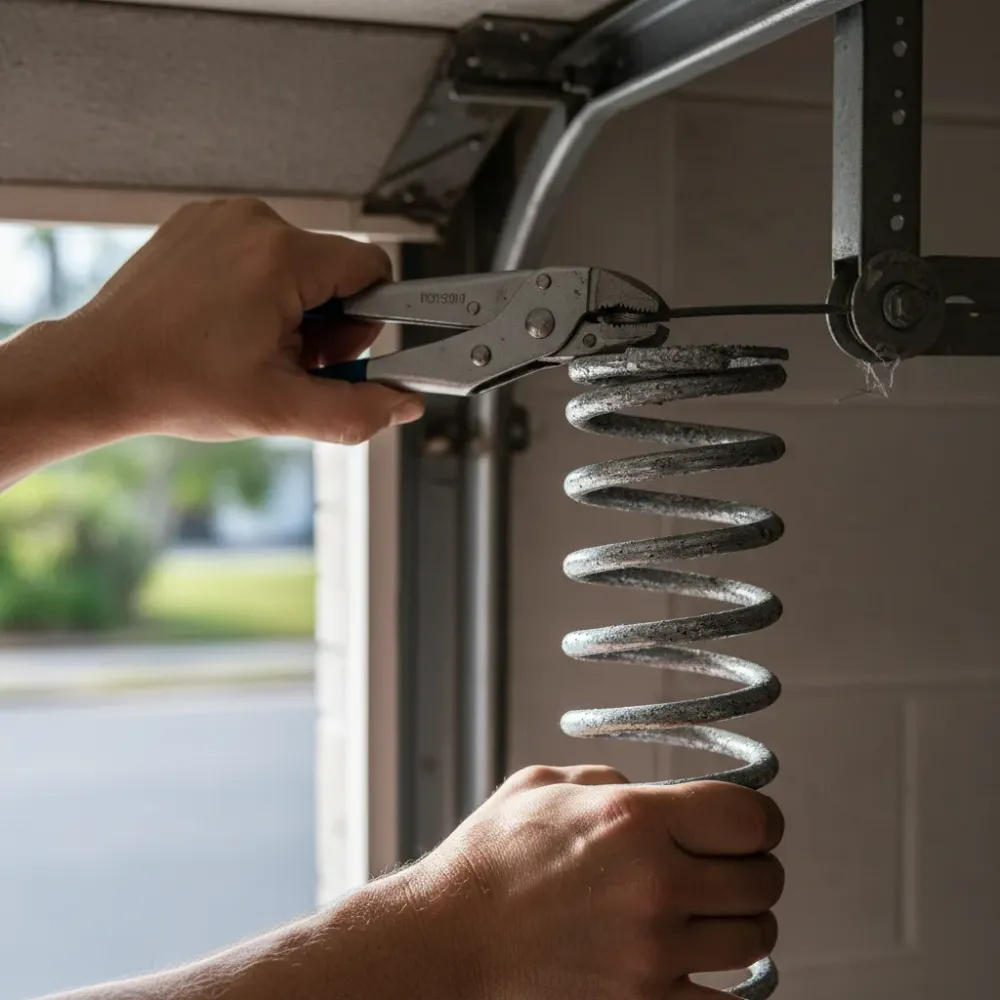 Hands gripping locking pliers on a galvanized torsion spring above a garage door header during installation.