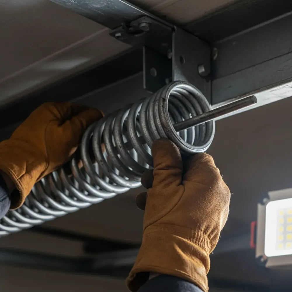 Gloved hands insert a winding bar into a garage door torsion spring cone during an emergency repair service.