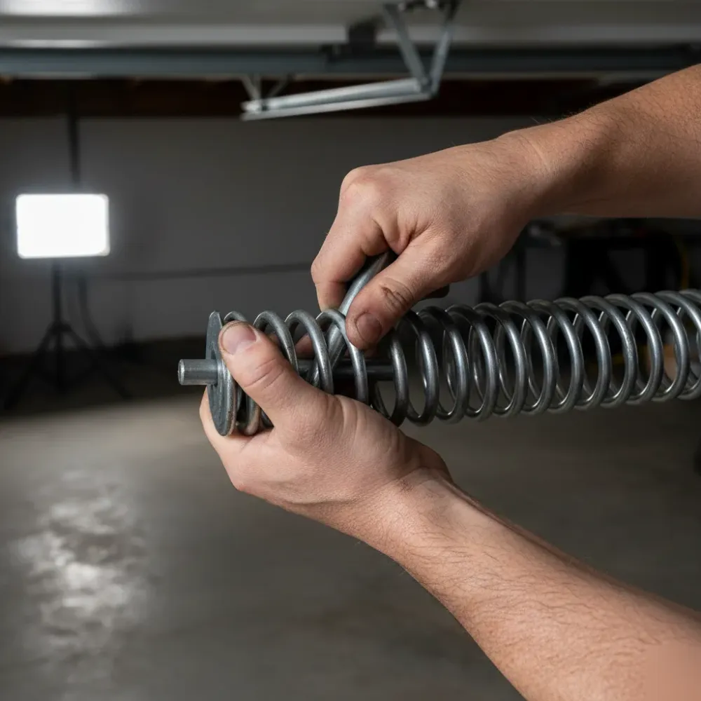 Hands winding a galvanized steel torsion spring with a metal bar during garage door installation.