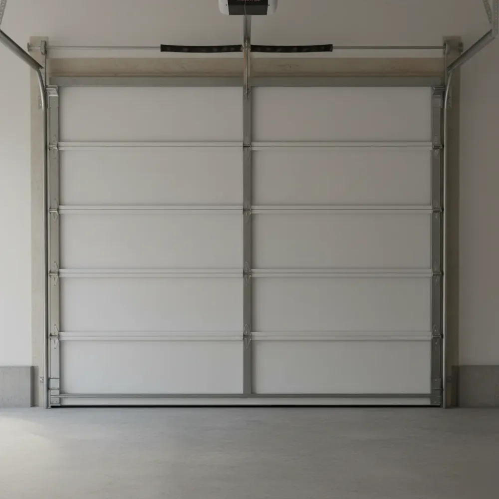 Freshly aligned garage door tracks with parallel steel rails and a flush-seated white sectional door inside a residential