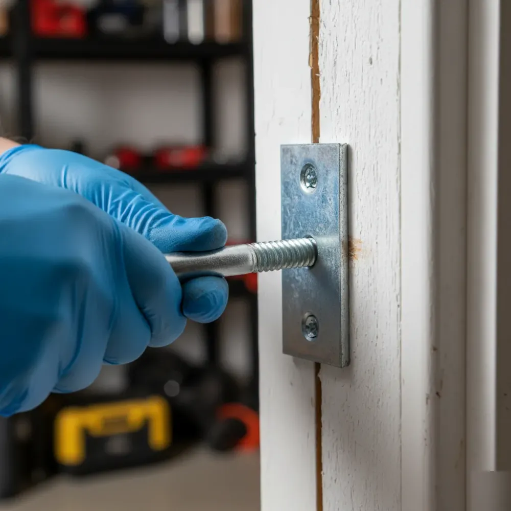 Gloved hands tightening a track bracket lag bolt into a garage door jamb during installation.