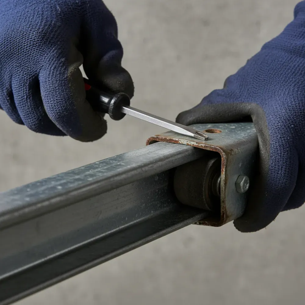 Close-up of gloved hands adjusting a rusted steel roller bracket on a garage door track with a flathead screwdriver.