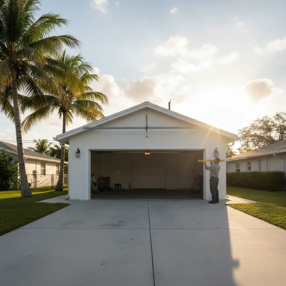 Technician checking a horizontal garage door track with a level outside a stucco home in Hallandale Beach at golden hour.