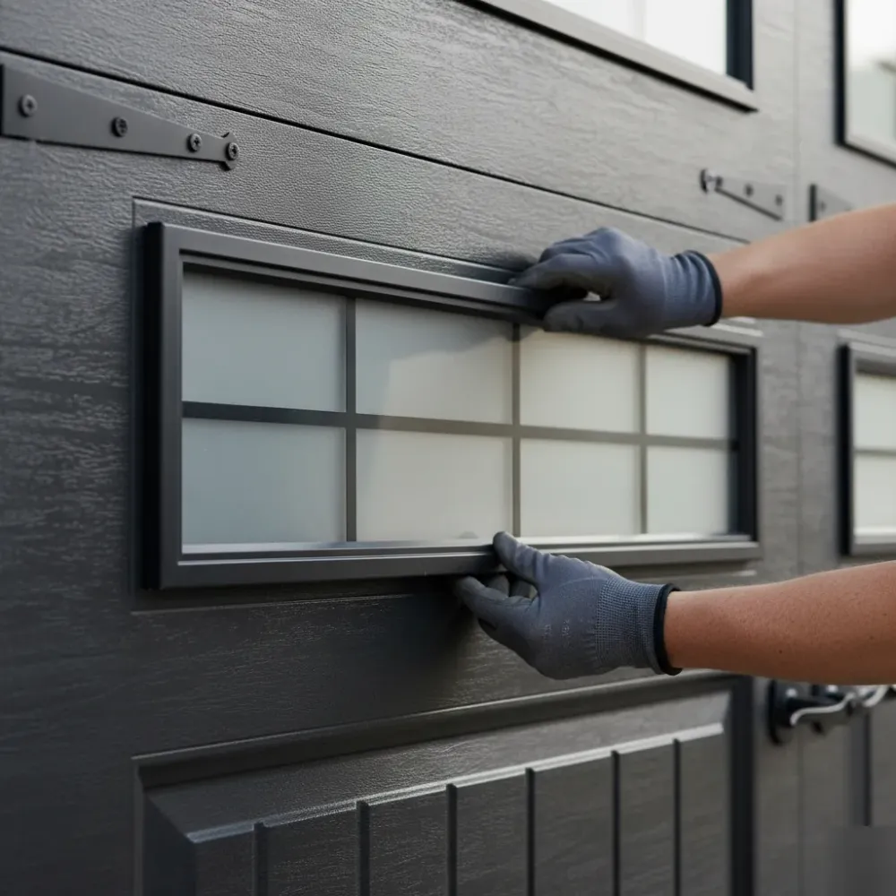 Hands pressing a frosted glass window insert into a charcoal carriage-style garage door panel.