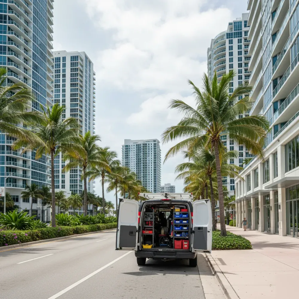Service van parked along Collins Avenue in Sunny Isles Beach near oceanfront condo towers during garage door opener repair