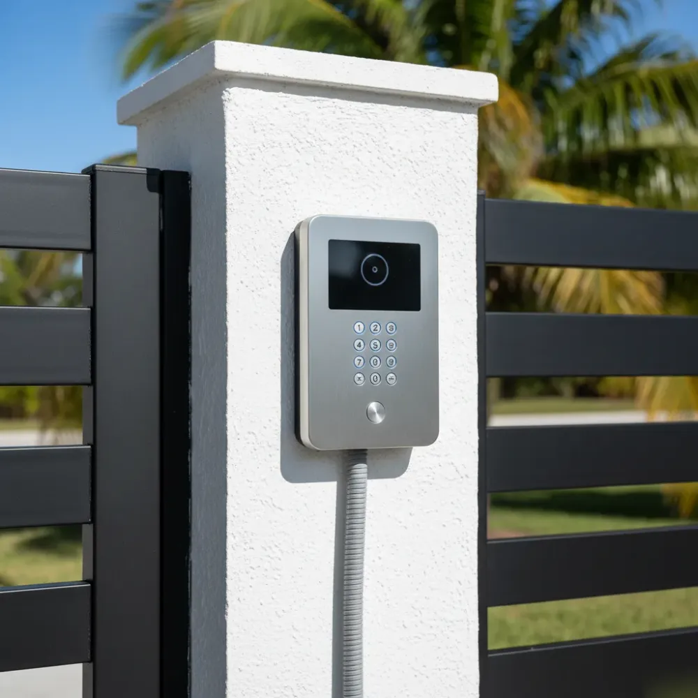Newly installed gate intercom unit with glowing blue keypad mounted on a stucco pillar beside an aluminum swing gate.