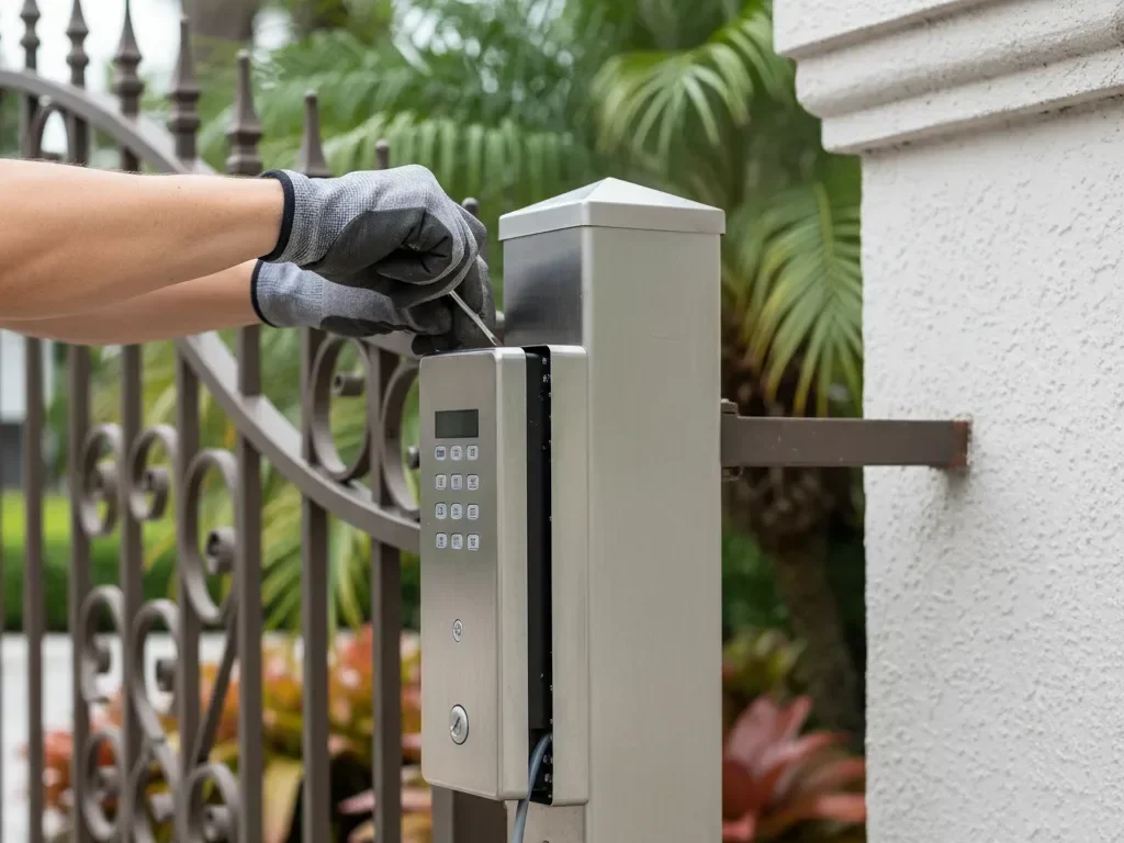 Technician wiring a gate intercom panel mounted on a stainless post at a Hallandale Beach residential entrance.
