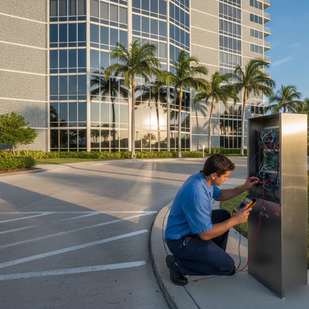 Technician kneeling at a condo entrance intercom post using a multimeter during a gate intercom repair in Hallandale Beach.
