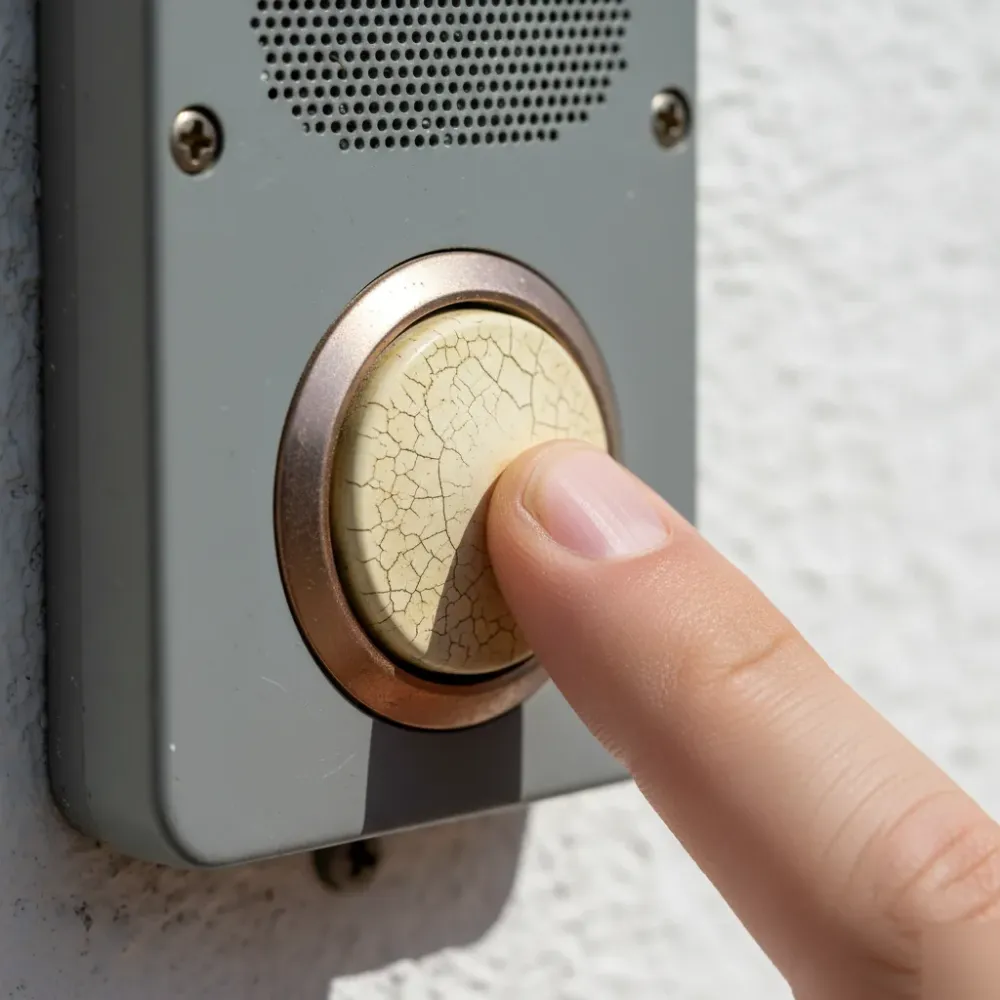Close-up of a worn, UV-yellowed gate intercom call button showing cracked plastic and oxidized metal contact.