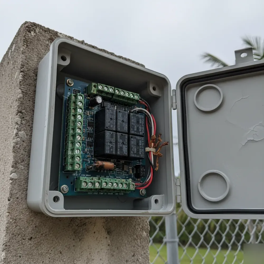 Close-up of a corroded electric gate motor control board with a burnt resistor and discolored wiring inside an open
