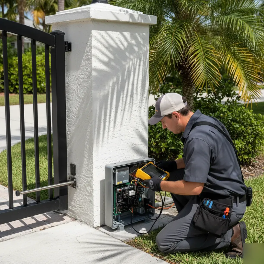 Technician kneeling beside an open electric gate motor housing, connecting a diagnostic tool to the control board.