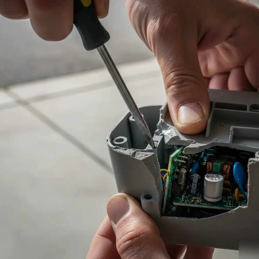 Hands prying open a cracked gate opener control board casing, revealing a corroded green circuit board with rust-spotted