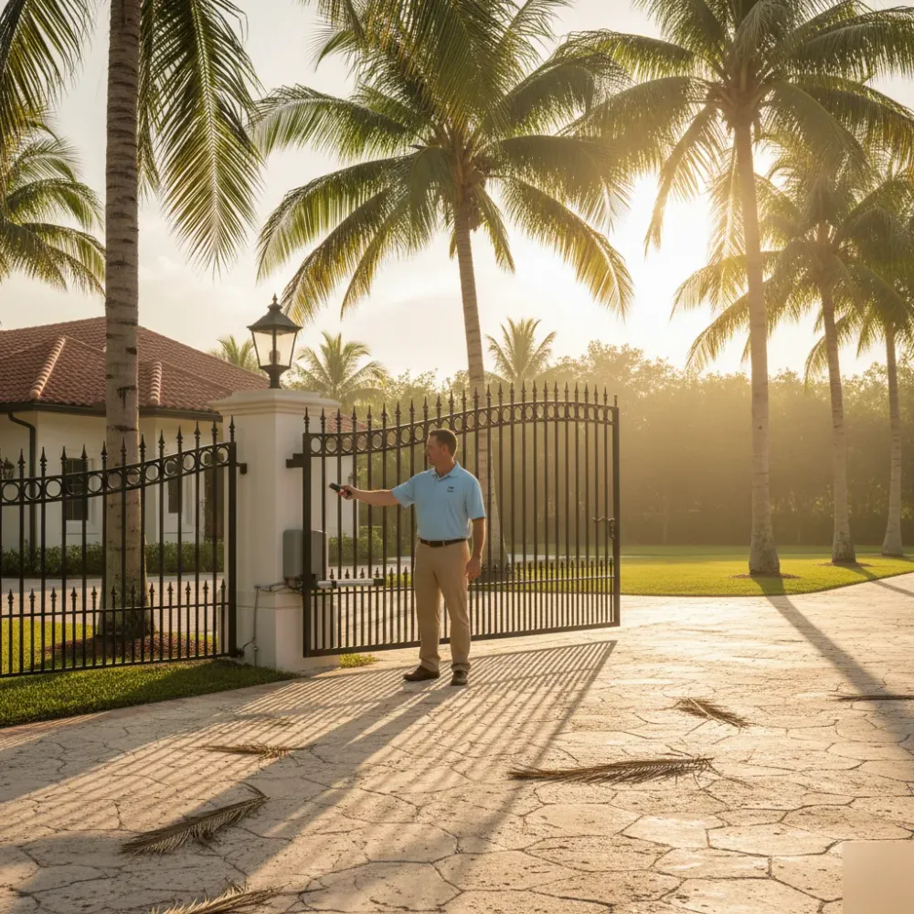 Technician testing a newly installed gate opener with a remote fob at a Hallandale Beach property during golden hour.
