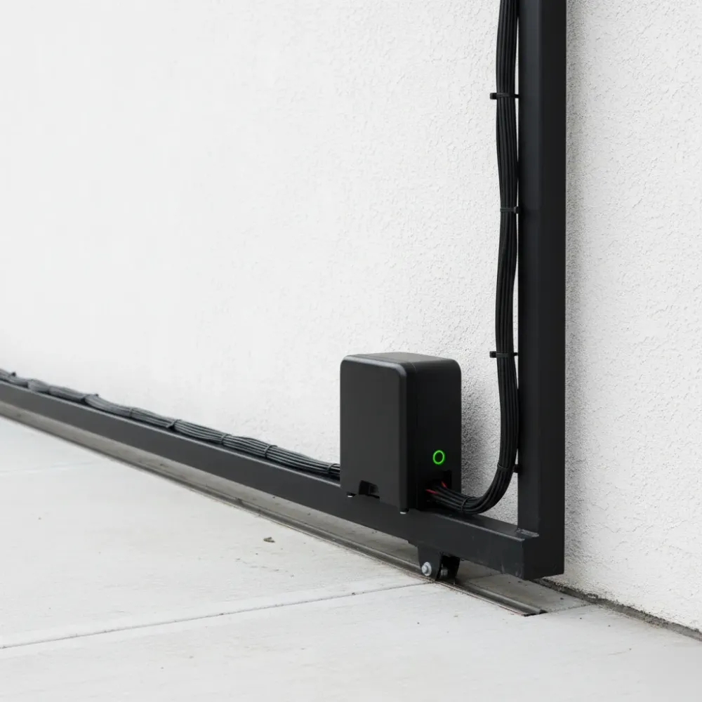 Newly installed slide gate opener with clean wiring mounted on a steel gate against a stucco wall, green status LED lit.