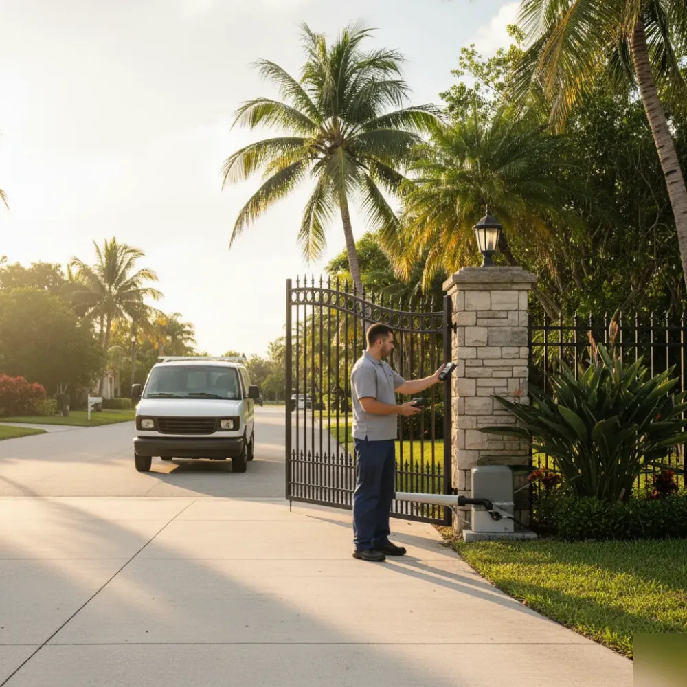 Technician programs a gate opener remote beside a wrought-iron driveway gate on a palm-lined Hallandale Beach residential