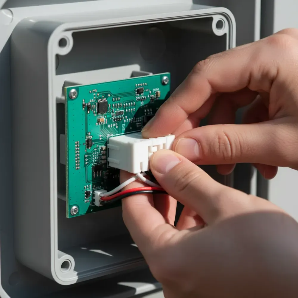 Hands connecting a wiring harness to a gate opener control board inside a weatherproof enclosure during installation.