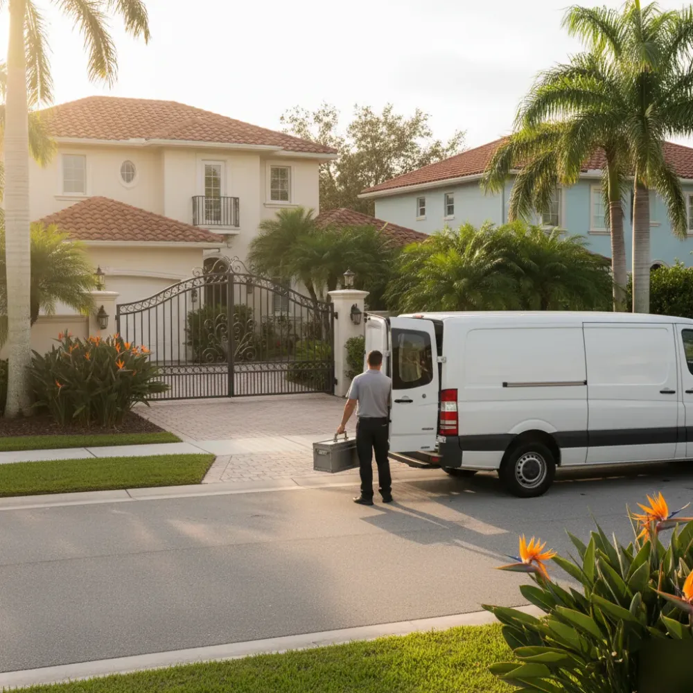 Technician unloads a steel toolbox from a van parked in front of a stucco home with a iron driveway gate in Hallandale Beach.