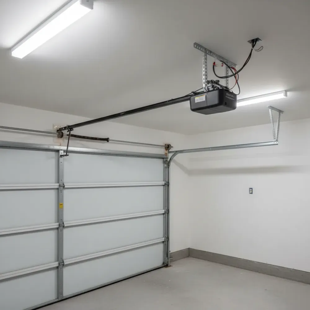Newly installed LiftMaster belt-drive opener sits mounted on a clean ceiling rail inside a finished residential garage.