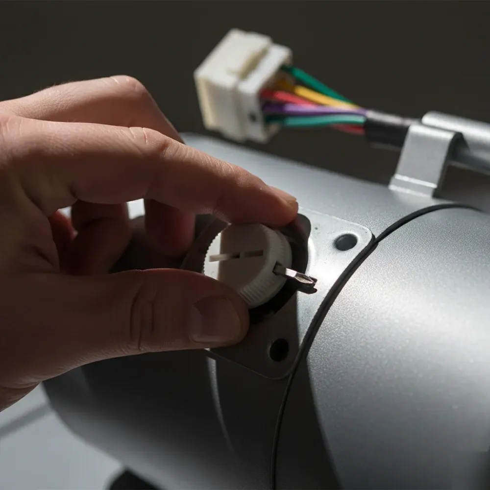 Close-up of a hand adjusting a limit dial on a LiftMaster opener motor panel during a repair service call.