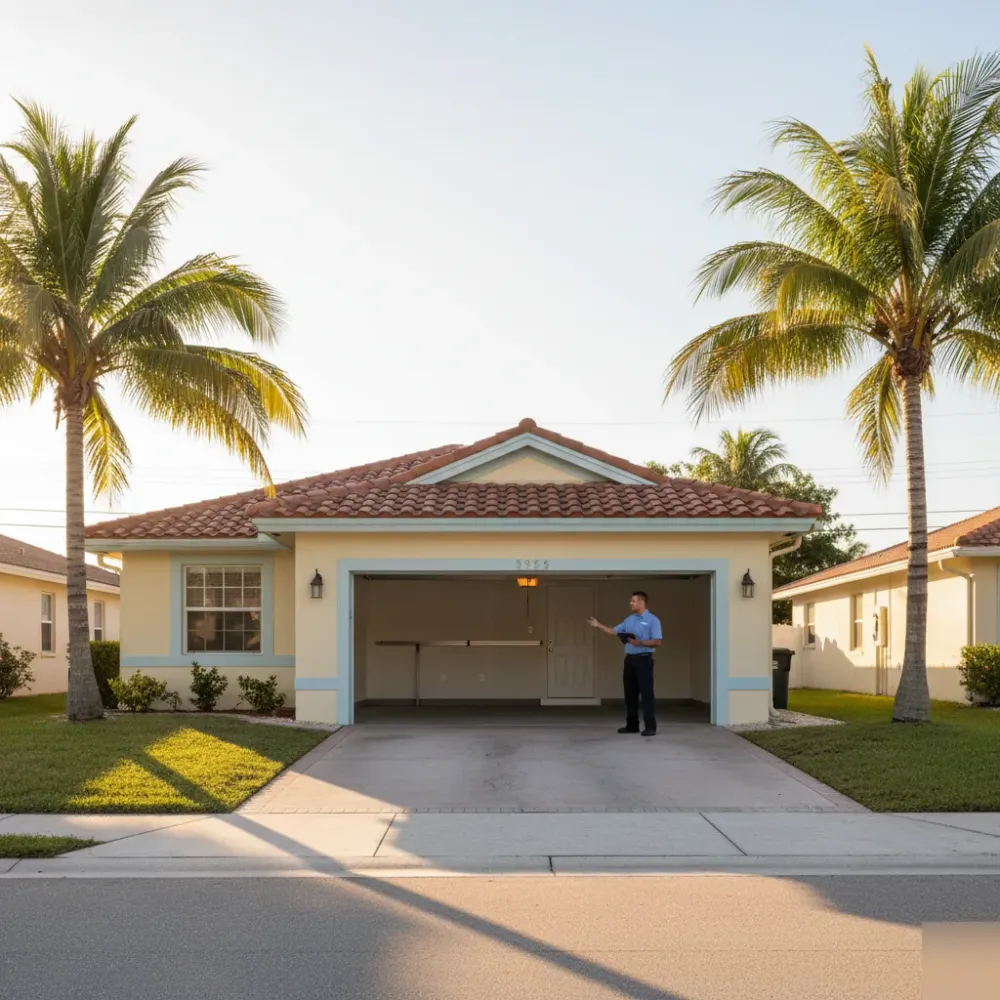 Technician stands at a residential garage entrance in Hallandale Beach reviewing opener settings on a tablet at golden hour.