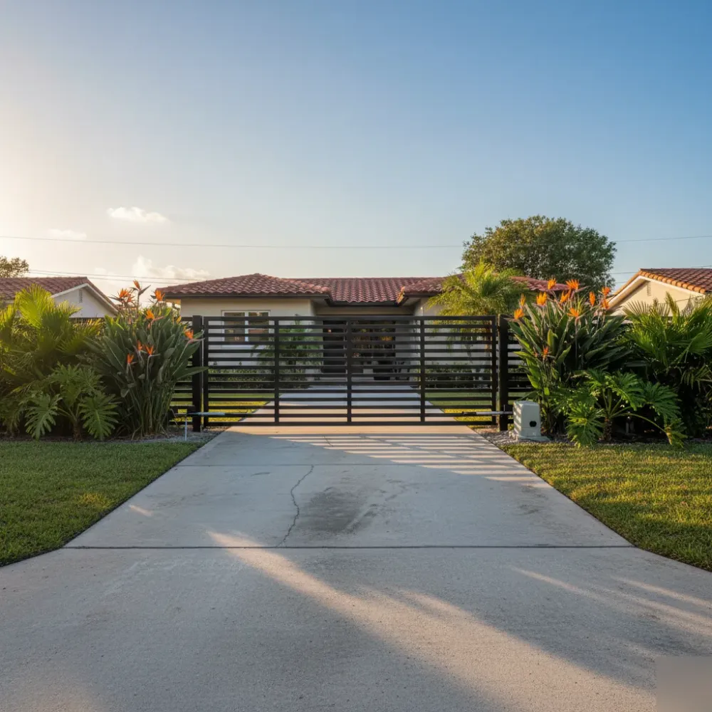 Florida ranch-style home with a newly installed black swing gate and clean motor housing at the entrance driveway.