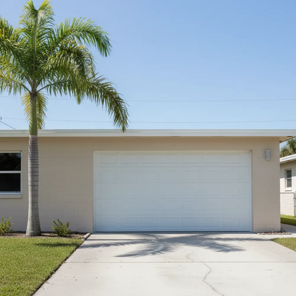 Freshly installed white steel garage door on a Florida ranch-style home with a royal palm in the foreground.
