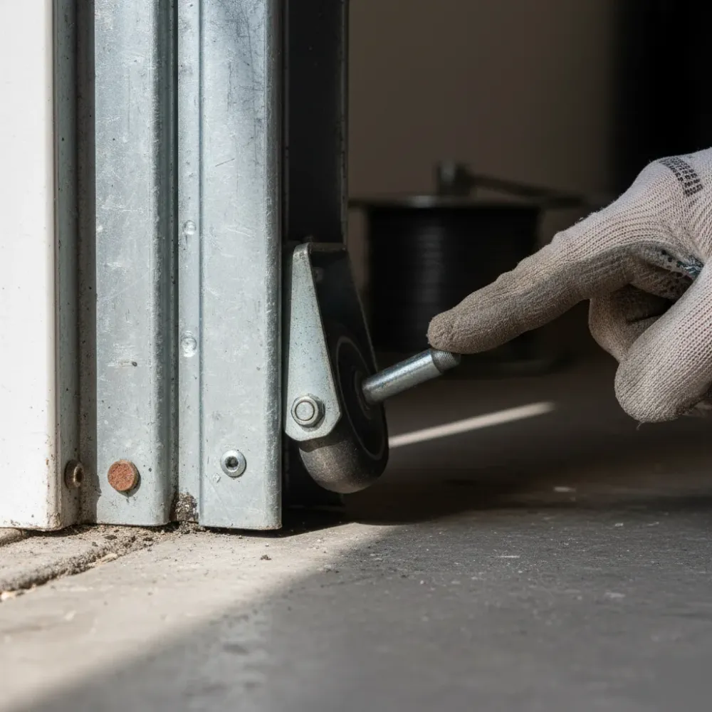 Close-up of a steel garage door roller sitting outside its track channel, a gloved hand pointing to the misalignment gap.