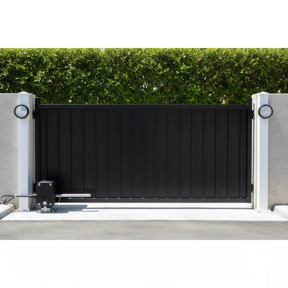 Fully closed and repaired automatic sliding gate with aligned sensors and clean motor housing in Hallandale Beach.