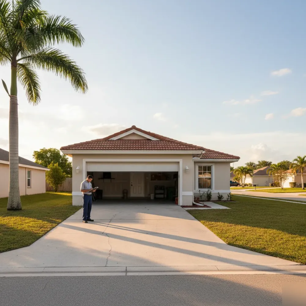 Technician reviews paperwork beside a newly installed sectional garage door on a stucco home in Hallandale Beach at golden