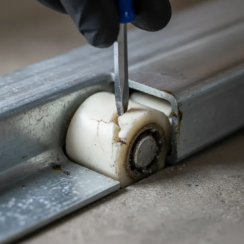 Close-up of a cracked nylon gate roller inside a steel track channel showing wear and grit buildup.
