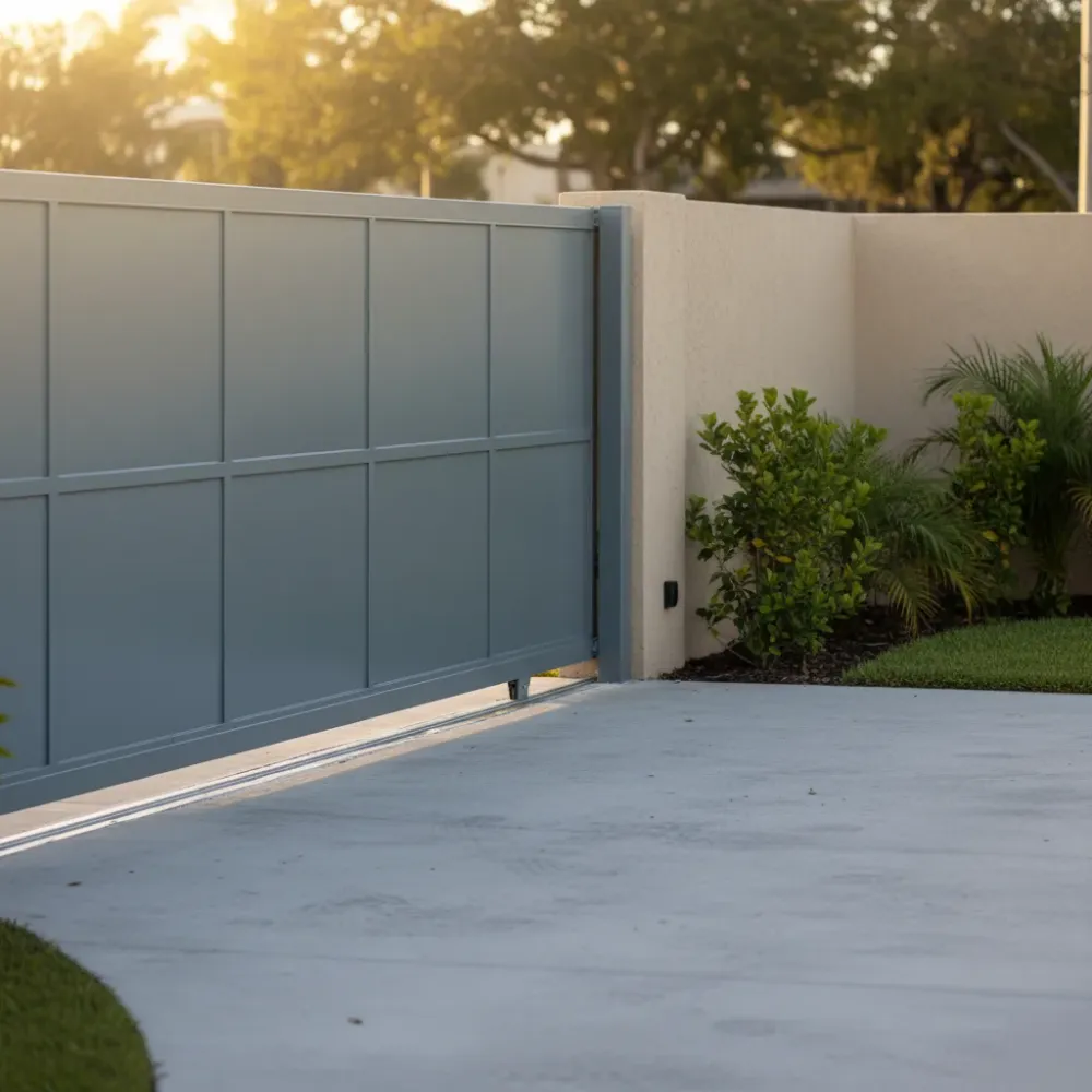 Repaired sliding gate standing fully open beside a clean concrete driveway in Hallandale Beach.