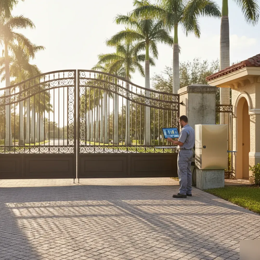 Technician reviewing a diagnostic tablet beside a large ornamental sliding gate at a Hallandale Beach gated community