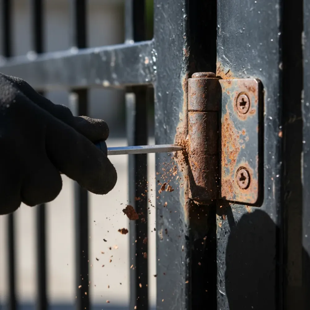 Close-up of a corroded swing gate hinge with rust flaking at the joint during a repair inspection in Hallandale Beach.