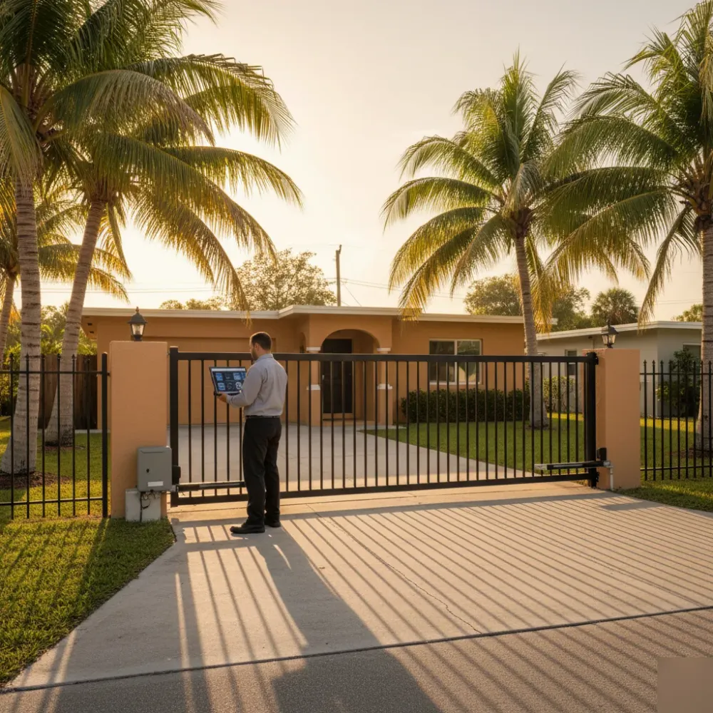 Technician reviews a gate motor diagnostic beside an open swing gate at a Hallandale Beach stucco home at golden hour.