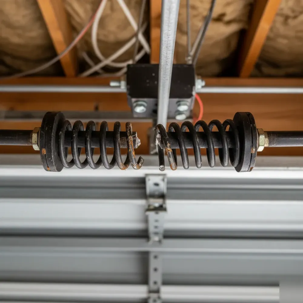 Close-up of a snapped garage door torsion spring showing a clean break point with rust and metal fatigue.