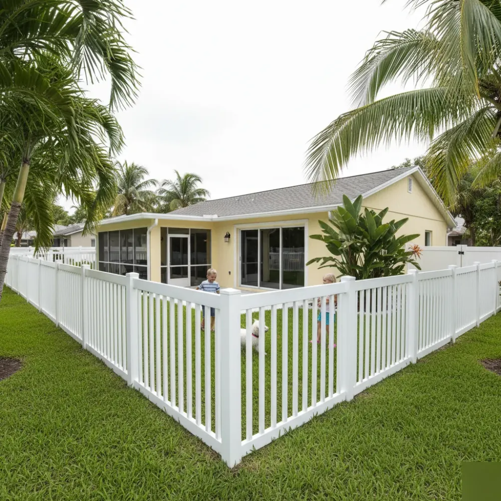 Children and a dog play inside a vinyl privacy fence surrounding a lush backyard at a South Florida home.