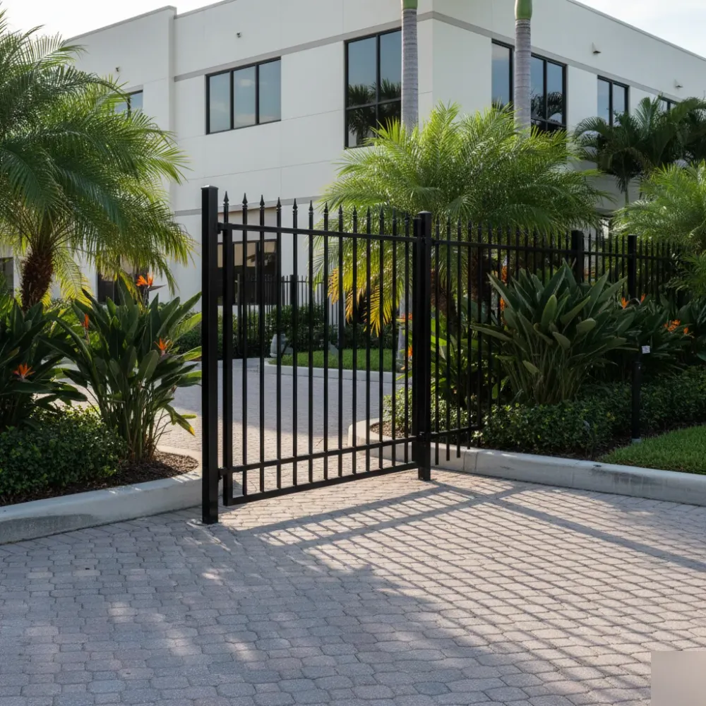 Freshly welded black wrought-iron gate at a Hallandale Beach commercial property entrance surrounded by tropical plants.