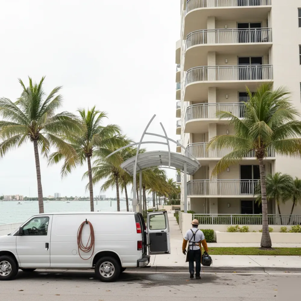 Welding service van parked outside a mid-rise Hallandale Beach residential building near the Intracoastal Waterway.